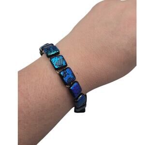 Dichroic Glass Bracelet Blue Green Iridescent Tile Link - Vintage Artisan Style